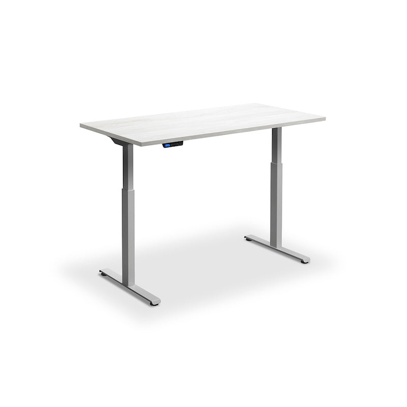 Lavoro Design Rusa Adjustable Desk, Silver Frame, Woodgrain Top