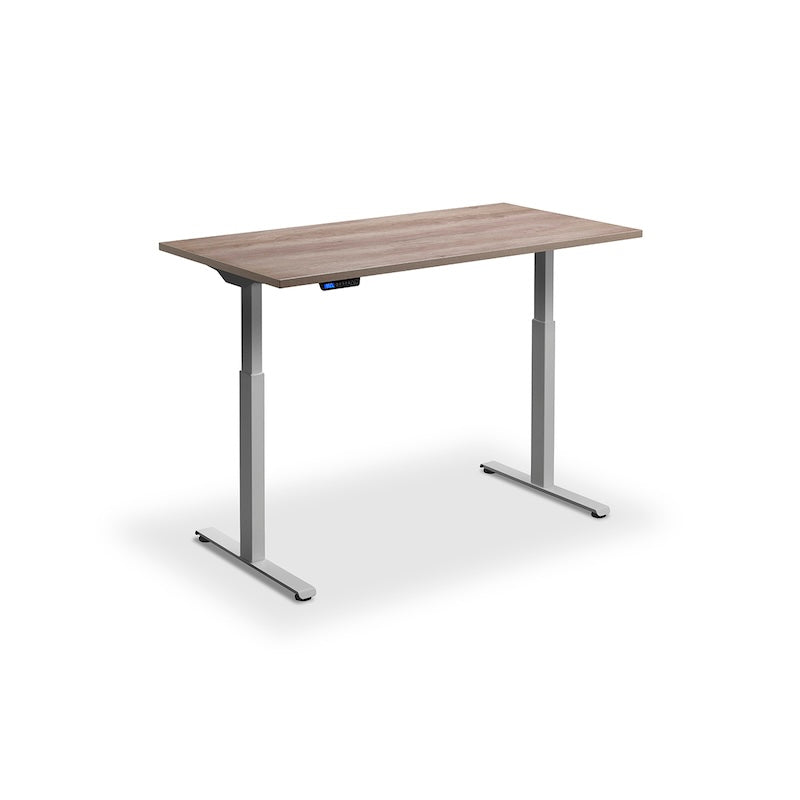Lavoro Design Rusa Adjustable Desk, Silver Frame, Woodgrain Top