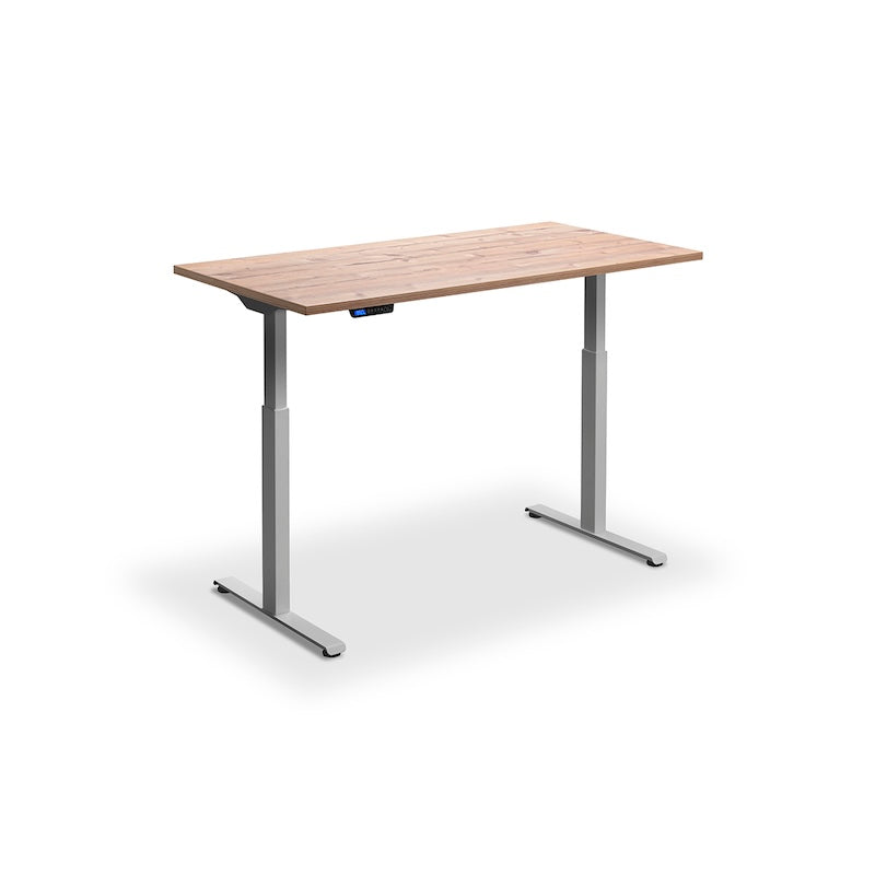 Lavoro Design Rusa Adjustable Desk, Silver Frame, Woodgrain Top