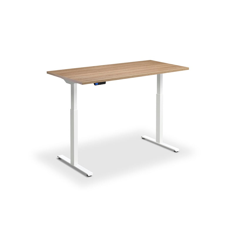 Lavoro Design Rusa Adjustable Desk, White Frame, Woodgrain Top
