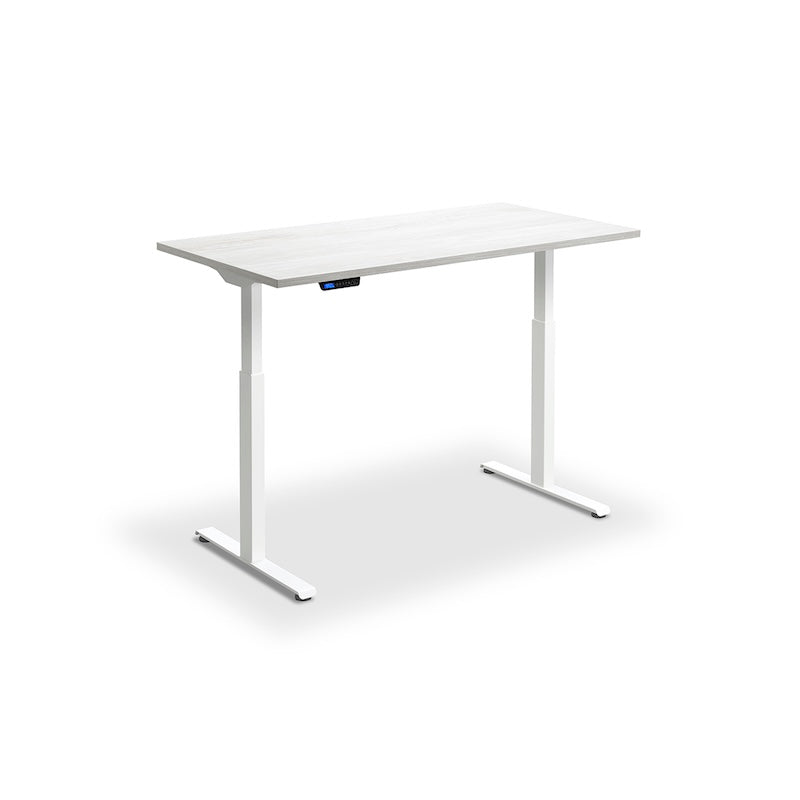 Lavoro Design Rusa Adjustable Desk, White Frame, Woodgrain Top