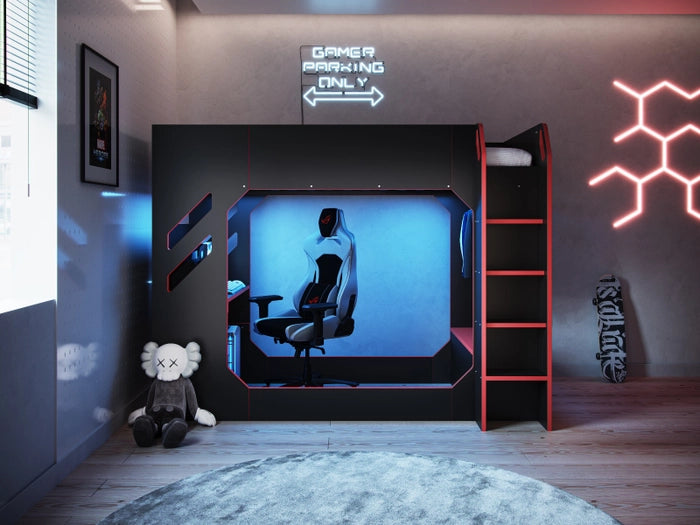 Recoil Shuttle LED Gaming High Sleeper Single Black Bed