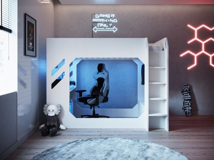 Recoil Shuttle LED Gaming High Sleeper Single White Bed