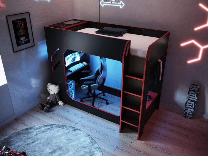 Recoil Shuttle LED Gaming High Sleeper Single Black Bed