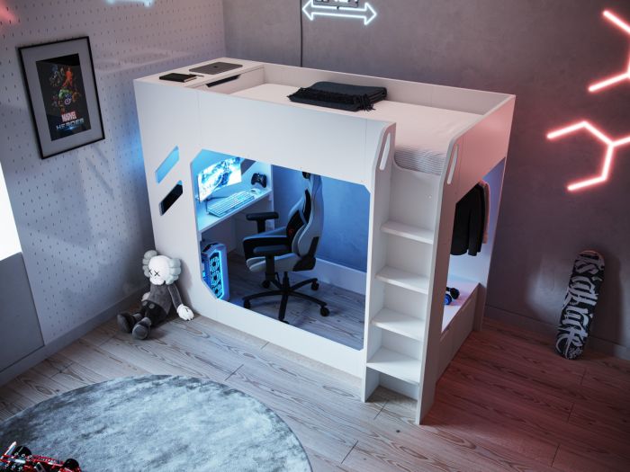 Recoil Shuttle LED Gaming High Sleeper Single White Bed