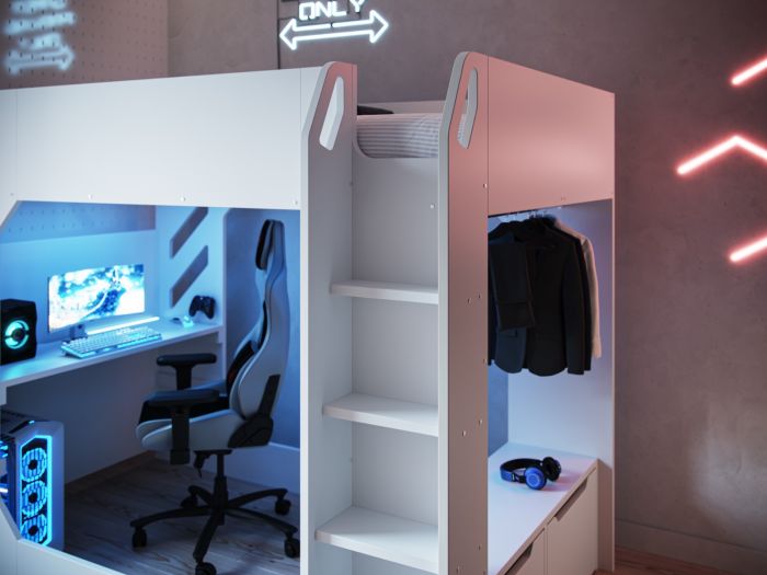 Recoil Shuttle LED Gaming High Sleeper Single White Bed