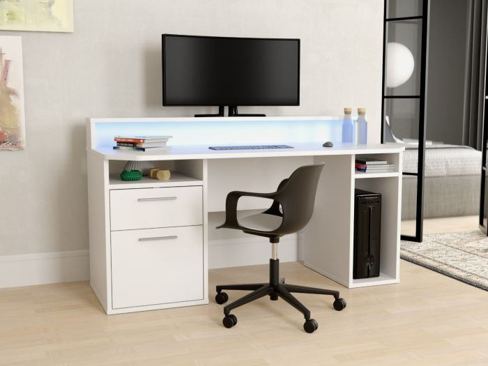 Flair Power Z White Computer Gaming Desk With Colour Changing LED Lights
