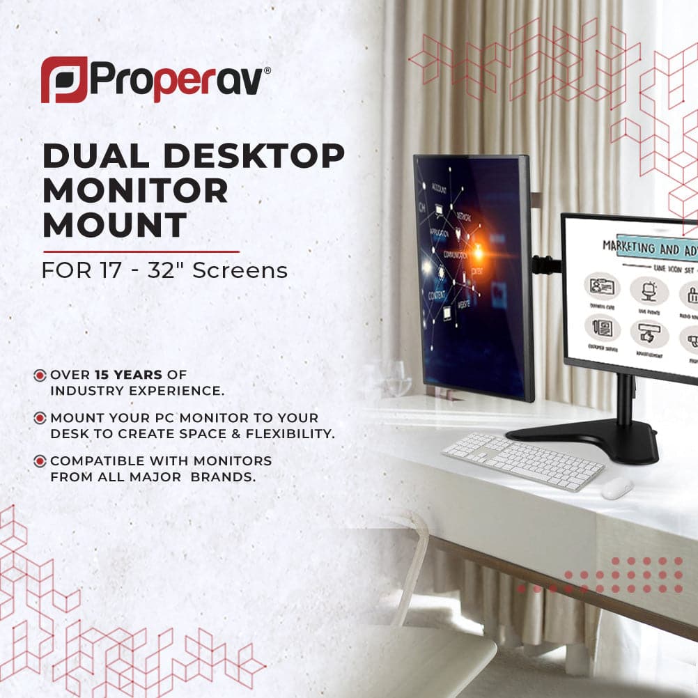ProperAV Desk Monitor Mount 17" - 34" Dual Swing Arm Freestanding Base VESA Max 100x100
