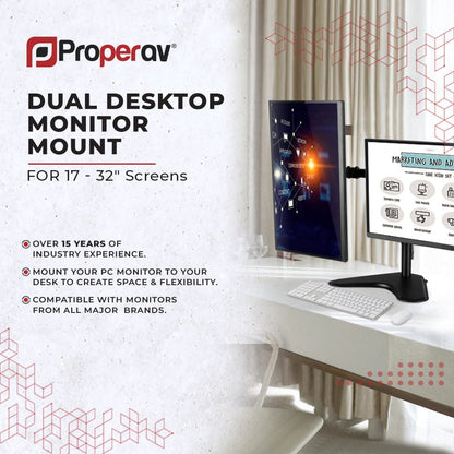 ProperAV Desk Monitor Mount 17" - 34" Dual Swing Arm Freestanding Base VESA Max 100x100