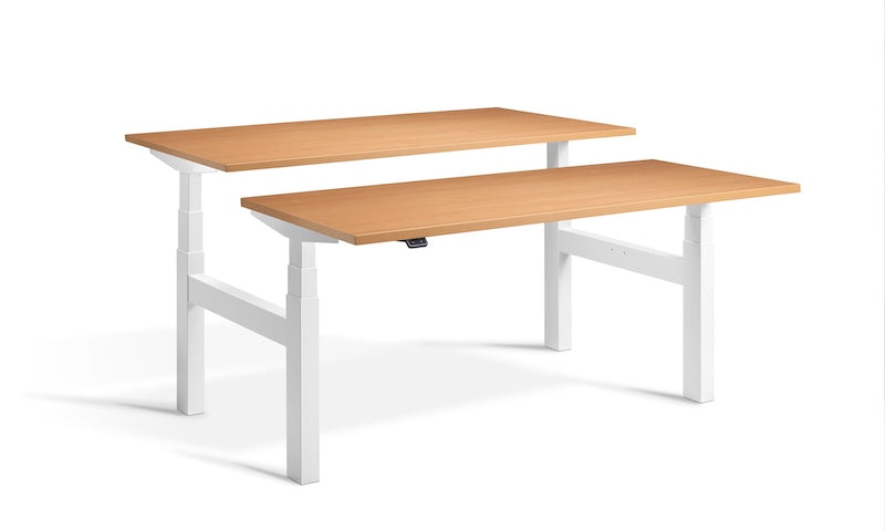 Lavoro Design Duo Adjustable Desk, White Frame, Woodgrain Top