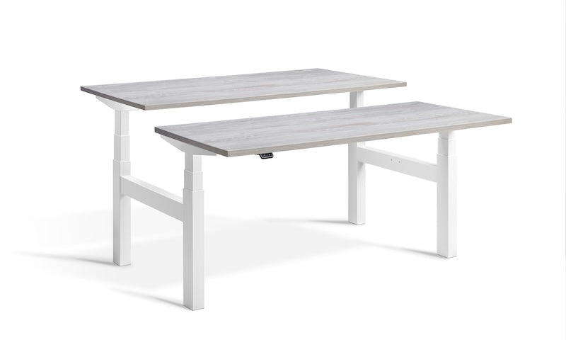 Lavoro Design Duo Adjustable Desk, White Frame, Woodgrain Top