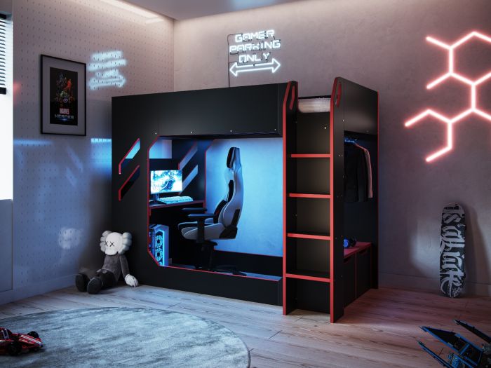 Recoil Shuttle LED Gaming High Sleeper Small Double Black Bed