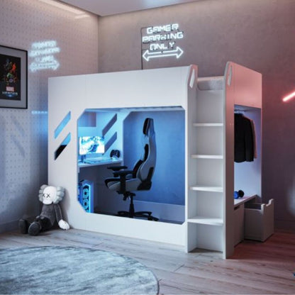 Recoil Shuttle LED Gaming High Sleeper Small Double White Bed