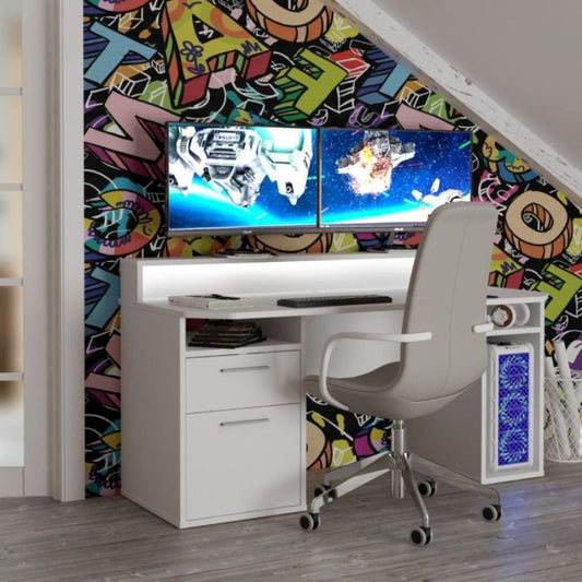 Flair Power Z White Computer Gaming Desk With Colour Changing LED Lights